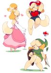  :3 animal_ears barefoot cosplay dog_ears dog_tail doubutsu_no_mori dress hat heart highres link link_(cosplay) mario mario_(cosplay) super_mario_bros. nintendo overalls paws pink_dress princess_peach princess_peach_(cosplay) punipaws shield shizue_(doubutsu_no_mori) simple_background super_mario_bros. super_smash_bros. sword tail the_legend_of_zelda weapon white_background 