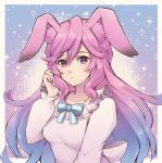  1girl alpakappa animal_ears blue_background blue_bow blue_hair blue_neckwear border bow bowtie breasts cleo_(dragalia_lost) collarbone dragalia_lost eyebrows_visible_through_hair gradient gradient_background gradient_hair hair_down hand_in_hair long_hair looking_at_viewer medium_breasts multicolored_hair no_headwear pajamas purple_background purple_hair rabbit_ears sidelocks solo sparkle_background striped striped_bow upper_body very_long_hair violet_eyes white_border white_pajamas 