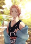  1boy artist_name bangs_pinned_back black_jacket blurry blurry_background brown_hair chiean dated day hand_up jacket kashiwazaki_akane kaze_ga_tsuyoku_fuiteiru looking_at_viewer male_focus outdoors smile solo track_uniform upper_body 