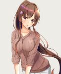  1girl blush breasts brown_hair brown_sweater eyebrows_visible_through_hair flower hair_between_eyes hair_flower hair_ornament highres kantai_collection large_breasts long_hair looking_at_viewer open_mouth pants ponytail remodel_(kantai_collection) ribbed_sweater simple_background solo sweater toyomi_13 white_pants yamato_(kantai_collection) 