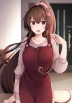  1girl absurdres apron apron_lift arm_support blush breasts brown_eyes brown_hair collarbone fingernails flower hair_between_eyes hair_flower hair_intakes hair_ornament highres indoors kantai_collection large_breasts long_hair long_sleeves looking_at_viewer open_mouth pants pink_sweater ponytail red_apron ribbed_sweater sidelocks solo standing sweater upper_body very_long_hair white_pants wooden_floor yamato_(kantai_collection) yunamaro 