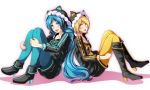  2girls :d animal_ears animal_hood back-to-back bangs black_bow black_footwear black_sweater blonde_hair blue_hair blue_legwear blue_nails blush boots bow cat_ears cat_hood collarbone fake_animal_ears full_body green_ponpoko_(module) hair_bow hatsune_miku high_heel_boots high_heels hood kagamine_rin knee_boots kunoichi_demo_koi_ga_shitai_(vocaloid) long_hair long_sleeves looking_at_viewer multiple_girls nail_polish open_mouth orange_konkon_(module) pantyhose parted_bangs project_diva_(series) short_hair simple_background sitting smile solo sweater tsukishiro_saika twintails very_long_hair vocaloid white_background yellow_eyes yellow_legwear 