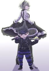  1boy 1girl ball black_headwear black_jacket black_legwear black_skirt blue_pants chains dangan_ronpa frilled_sleeves frills gradient gradient_background green_eyes hairband hat high_heels highres holding_racket hoshi_ryouma jacket long_hair long_sleeves looking_at_viewer medium_skirt new_dangan_ronpa_v3 pants print_hat shirt short_hair silver_hair skirt skirt_hold smile spoilers striped striped_pants suspender_skirt suspenders tennis_ball toujou_kirumi very_long_hair white_background white_shirt zi_huahuo 