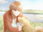  1boy brown_eyes clouds collar day dog eye_contact grass highres hiwomushi kashiwazaki_akane kaze_ga_tsuyoku_fuiteiru light_brown_hair looking_at_another male_focus nira_(kaze_ga_tsuyoku_fuiteiru) outdoors pants petting red_collar red_shirt river shirt solo squatting water white_shirt 