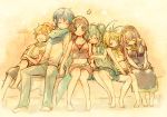  2boys 4girls :o bare_legs barefoot belt blonde_hair blue_hair blue_scarf blush blush_stickers breast_squeeze breasts brown_hair closed_eyes coat couch crossed_arms eyebrows_visible_through_hair full_body hair_ribbon hand_holding hatsune_miku interlocked_fingers kagamine_len kagamine_rin kaito leaning leaning_on_person locked_arms long_hair megurine_luka meiko multiple_boys multiple_girls navel necktie open_mouth pants pink_hair ribbon sandwiched scarf sepia short_hair simple_background sitting skirt sleeping sleeping_on_person star strapless surprised tsuyuka_(sunny_spot) tubetop vocaloid white_ribbon wide-eyed yellow_neckwear 