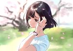  bare_arms black_hair blurry blurry_background cherry_blossoms commentary_request dot_nose eyebrows_visible_through_hair face from_side hand_in_hair komeo15 leaf leaves_in_wind looking_afar original outdoors parted_lips shirt short_hair solo tree watch watch white_shirt 
