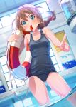  1girl absurdres aqua_eyes armpits baba_konomi bangs bare_shoulders blue_swimsuit blush breasts brown_hair collarbone eyebrows_visible_through_hair from_below gluteal_fold hair_ornament hair_scrunchie highres idolmaster idolmaster_million_live! indoors joey_koguma lifebuoy long_hair looking_at_viewer looking_back looking_down one-piece_swimsuit pointing pointing_at_viewer pool school_swimsuit scrunchie small_breasts solo standing swimsuit tareme two_side_up v-shaped_eyebrows wading water water_drop wet whistle whistling white_headwear 