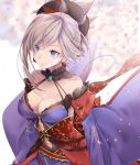  1girl akatsuki_hijiri blue_eyes blue_kimono blush breasts cherry_blossoms cleavage detached_sleeves earrings fate/grand_order fate_(series) hair_ornament highres japanese_clothes jewelry katana kimono large_breasts leaf_print long_hair maple_leaf_print miyamoto_musashi_(fate/grand_order) navel_cutout obi pink_hair ponytail sash sleeveless sleeveless_kimono smile solo sword weapon wide_sleeves 