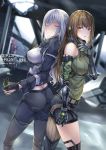  3girls absurdres ak-12_(girls_frontline) ass braid breasts brown_hair butt_bump butt_crack character_request closed_eyes commentary_request egoist-001 english_text flashbang french_braid girls_frontline headphones highres large_breasts m4a1_(girls_frontline) mechanical_arm multiple_girls pants platinum_blonde_hair shorts st_ar-15_(girls_frontline) tactical_clothes 
