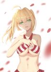  1girl 76luren absurdres bikini blonde_hair breasts fate/extra fate/grand_order fate_(series) floral_background green_eyes hair_ornament hand_on_breast highres looking_at_viewer nero_claudius_(fate) nero_claudius_(fate)_(all) open_mouth short_hair solo swimsuit 