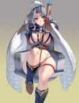  1girl blue_eyes blue_panties boots breasts circlet cleavage gloves gradient gradient_background grey_hair hat highres holding holding_staff large_breasts long_hair masao navel original panties revealing_clothes smile solo staff thigh_strap underwear wide_sleeves 