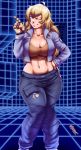  1girl ;d absurdres ahoge blonde_hair breasts capcom_vs_snk_2 cargo_pants cleavage collarbone commentary commission cropped_jacket crossover curvy english_commentary feet_out_of_frame grin groin hand_on_hip highres joe_shimamura large_breasts long_hair midriff navel one_eye_closed open_mouth pants prosthesis prosthetic_arm rwby smile solo sports_bra standing toned training_room violet_eyes yang_xiao_long 