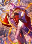  1girl armor breasts cape cleavage clouds earrings faceless faceless_male fingerless_gloves fire fire_emblem fire_emblem_cipher fire_emblem_echoes:_mou_hitori_no_eiyuuou gloves helmet jewelry nintendo official_art open_mouth purple_hair sky solo sonia_(fire_emblem_gaiden) teeth thigh-highs tiara violet_eyes yoneko_okome99 