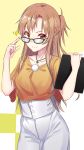  1girl absurdres alternate_costume asuna_(sao) braid breasts brown_eyes brown_hair collarbone commentary_request cowboy_shot eyebrows_visible_through_hair glasses highres holding holding_tablet_pc jewelry jun_(540000000000000) long_hair looking_at_viewer necklace orange_shirt pants ponytail shirt short_sleeves smile solo star sword_art_online white_footwear 