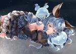  1girl animal_ears armpits backless_outfit bare_back belt black_gloves blue_hair breasts brown_gloves commentary earrings erune ferry_(granblue_fantasy) gloves granblue_fantasy hinahino hoop_earrings jewelry long_hair looking_at_viewer loose_belt rabbit_ears sideboob single_earring small_breasts solo wavy_hair whip yellow_eyes 