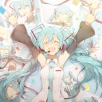  1girl :d ;) ^_^ armpits arms_up bangs bare_shoulders black_sleeves blue_eyes blue_hair blue_neckwear blush breasts closed_eyes closed_eyes closed_mouth collared_shirt comic detached_sleeves facing_viewer glint hands_on_own_cheeks hands_on_own_face hatsune_miku headset highres long_hair long_sleeves lying medium_breasts necktie on_back one_eye_closed open_mouth photo_(object) profile saihate_(d3) shirt smile solo spread_fingers twintails upper_body vocaloid white_shirt wing_collar 