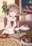  1girl ;p apron box breasts cake chest_of_drawers choker city_lights cleavage commentary_request cup curtains dress drinking_glass finger_licking flower food frilled_choker frills fruit gift gift_box hair_between_eyes hairband head_tilt holding holding_plate indoors karaage kisshou_mizuki leaning licking light_brown_hair lolita_hairband looking_at_viewer maid maid_apron night nigirizushi one_eye_closed original picture_frame pinecone pink_flower pink_rose pizza plate purple_dress red_flower red_rose rose salad short_hair small_breasts smile solo standing stew strawberry stuffed_animal stuffed_toy sushi table teddy_bear tongue tongue_out vase violet_eyes whipped_cream window wine_glass 