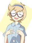  1girl bangs blonde_hair blue_shirt closed_eyes collared_shirt freckles glasses hairband little_witch_academia lotte_jansson open_mouth popopo round_eyewear semi-rimless_eyewear shirt short_hair short_sleeves solo under-rim_eyewear upper_body 