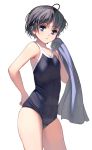  1girl ahoge bangs blue_eyes blue_swimsuit breasts chestnut_mouth eyebrows_visible_through_hair grey_hair hand_on_hip highres holding looking_at_viewer masao one-piece_swimsuit original school_swimsuit short_hair small_breasts solo swimsuit towel white_background 