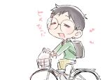  1boy :d =_= backpack bag bicycle bicycle_basket black_hair blush glasses ground_vehicle long_sleeves male_focus music musical_note onoda_sakamichi open_mouth pants riding round_eyewear school_uniform shopping_bag simple_background singing smile solo taneda_yuuta translation_request white_background yellow_pants yowamushi_pedal 