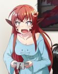  1girl blue_eyes blue_pajamas blush breasts controller cowfee cropped embarrassed eyebrows_visible_through_hair fang game_controller gamepad hair_ornament hairclip lamia living_room long_hair miia_(monster_musume) monster_girl monster_musume_no_iru_nichijou open_mouth painting pajamas playing_games pointy_ears red_hair scales surprised third-party_source very_long_hair 