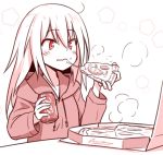  1girl can cheese cheese_trail drawstring eating elena_trafalgar food food_on_face highres hood hood_down hoodie ikune_juugo long_hair long_sleeves monochrome original pizza pizza_box slice_of_pizza soda_can steam 