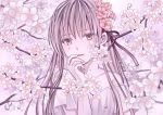  1girl arm_up bare_shoulders cherry_blossoms collarbone commentary_request crying crying_with_eyes_open dress fingernails flower hair_between_eyes hair_flower hair_ornament hair_ribbon hand_on_own_face head_tilt kisshou_mizuki lavender_background long_hair looking_at_viewer original parted_lips purple_hair ribbon short_sleeves solo standing strapless strapless_dress tears tree_branch upper_body very_long_hair violet_eyes water_drop 
