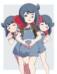  1girl bangs black_shirt blue_hair border bow closed_eyes constanze_amalie_von_braunschbank-albrechtsberger feet_out_of_frame green_eyes hair_bow hands_together index_finger_raised little_witch_academia multiple_views open_mouth overall_shorts overalls popopo red_bow shirt short_sleeves smile solo waving white_border 