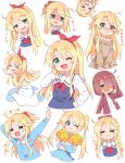  &gt;_&lt; 1girl :3 :d ;3 ;d =_= alternate_hairstyle arms_up bare_shoulders blonde_hair blue_dress blue_shirt blue_skirt blush bow braid brown_hair brown_jacket brown_sweater cheerleader closed_eyes collared_shirt commentary_request cosplay dress dress_shirt green_eyes hair_bow hair_over_one_eye hair_ribbon hairband hand_up heart heart_in_mouth high_ponytail himesaka_noa holding hoshino_miyako_(wataten) hoshino_miyako_(wataten)_(cosplay) jacket long_hair long_sleeves multiple_views nose_blush off-shoulder_sweater off_shoulder one_eye_closed open_clothes open_jacket open_mouth outstretched_arms pom_poms ponytail red_bow red_hairband red_ribbon ribbon sailor_collar sailor_dress school_uniform shaded_face shirt simple_background skirt sleeveless sleeveless_dress sleeves_past_wrists smile strap_slip sweater track_jacket twintails very_long_hair watashi_ni_tenshi_ga_maiorita! white_background white_dress white_sailor_collar white_shirt wig xd yuuuuu 