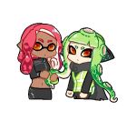 2girls artist_request bangs closed_mouth dark_skin domino_mask holding holding_hair inkling long_hair long_sleeves looking_at_viewer lowres mask multiple_girls octarian octoling pointy_ears redhead simple_background splatoon splatoon_(series) splatoon_2 splatoon_2:_octo_expansion squidbeak_splatoon suction_cups tentacle_hair vest white_background yellow_eyes yellow_vest 
