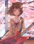  1girl :d absurdres bang_dream! bangs blush brown_dress cherry_blossoms commentary_request double-breasted dress electric_guitar guitar hair_blowing hair_ornament hanasakigawa_school_uniform highres instrument long_sleeves looking_at_viewer medium_hair neck_ribbon nogi_momoko open_mouth petals red_neckwear ribbon sailor_dress school_uniform smile solo star star_hair_ornament toyama_kasumi violet_eyes window 