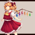  1girl absurdres ascot blonde_hair bow chiyu_(kumataro0x0) commentary_request crystal feet_out_of_frame flandre_scarlet grey_background hair_bow hat highres letterboxed long_hair looking_at_viewer mob_cap one_side_up outside_border petticoat pointy_ears puffy_short_sleeves puffy_sleeves red_bow red_eyes red_skirt red_vest shirt short_sleeves sidelocks simple_background skirt skirt_set smile solo standing touhou vest white_headwear white_shirt wings yellow_neckwear 