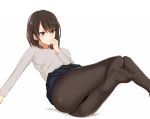  1girl blush brown_eyes brown_hair lying pantyhose ponpon_(ponpon62126) short_hair skirt smile solo thigh-highs white_background yahari_ore_no_seishun_lovecome_wa_machigatteiru. yukinoshita_haruno 