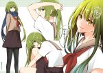  1other alternate_costume androgynous asazuki_norito black_legwear blue_scarf braid brown_sailor_collar brown_skirt bunching_hair closed_mouth enkidu_(fate/strange_fake) eyebrows_visible_through_hair fate/grand_order fate/strange_fake fate_(series) green_eyes green_hair long_hair long_sleeves multiple_views neckerchief open_mouth pantyhose pleated_skirt red_neckwear sailor_collar scarf school_uniform serafuku short_sleeves skirt smile twitter_username upper_teeth 