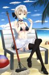  1girl apron artoria_pendragon_(all) artoria_pendragon_(swimsuit_rider_alter) ball bare_arms bare_shoulders beachball bench bikini black_bikini black_bow black_legwear black_neckwear blonde_hair blue_sky bow bowtie breasts broom crab day eating eyebrows_visible_through_hair fate/grand_order fate_(series) frills hair_bow hair_ornament highres jun_(540000000000000) looking_at_viewer maid_bikini maid_headdress medium_breasts navel outdoors palm_tree shoes short_hair sitting sky solo swimsuit thigh-highs tree water yellow_eyes 