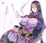  1girl b.d bangs black_gloves bodysuit bow_(weapon) breasts covered_navel fate/grand_order fate_(series) fingerless_gloves gloves highres katana large_breasts loincloth long_hair low-tied_long_hair minamoto_no_raikou_(fate/grand_order) parted_bangs purple_bodysuit purple_hair ribbed_sleeves rope smile solo sword very_long_hair violet_eyes weapon 