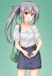  1girl alternate_costume anti_(untea9) bag bare_shoulders belt black_ribbon blue_skirt blush brown_belt casual commentary_request cowboy_shot denim denim_skirt gradient gradient_background green_background green_bag hair_ribbon handbag highres kantai_collection kasumi_(kantai_collection) long_hair looking_at_viewer off-shoulder_shirt off_shoulder open_mouth ribbon shirt short_sleeves side_ponytail silver_hair simple_background skirt solo white_shirt yellow_eyes 