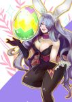  1girl absurdres animal_ears art_cerealex bare_shoulders bow bowtie breasts bunny_girl bunny_tail bunnysuit camilla_(fire_emblem_if) cleavage detached_collar fake_animal_ears fire_emblem fire_emblem_heroes fire_emblem_if fishnet_pantyhose fishnets hair_over_one_eye highres large_breasts leotard lips long_hair looking_at_viewer nintendo pantyhose purple_hair rabbit_ears simple_background smile solo tail thighs very_long_hair violet_eyes wavy_hair 