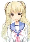  1girl :d absurdres angel_beats! bangs blonde_hair brown_eyes eyebrows_visible_through_hair eyes_visible_through_hair hair_between_eyes hair_ornament hair_ribbon headset highres huge_filesize key_(company) long_hair long_sleeves looking_at_viewer microphone open_mouth ribbon school_uniform shirt simple_background smile solo teeth white_background white_shirt yusa_(angel_beats!) zuzuhashi 