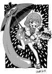  &gt;:) 1girl ahoge bare_legs blackcat_(pixiv) blush dated english_text geta greyscale hair_between_eyes heterochromia holding holding_umbrella karakasa_obake long_sleeves monochrome open_mouth sandals short_hair skirt smile tatara_kogasa tongue tongue_out touhou umbrella v-shaped_eyebrows vest 