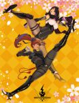  2girls alternate_costume ayane ayane_(doa) bed_sheet black_legwear blue_ribbon bodysuit breasts brown_eyes brown_hair capelet clenched_hand dead_or_alive dead_or_alive_6 full_body greaves hair_ribbon high_heels high_kick highres hood hooded_capelet kasumi_(doa) kicking large_breasts leotard lips long_hair long_legs metalhanzo motion_blur multiple_girls ninja over-kneehighs pantyhose ponytail purple_hair red_eyes ribbon siblings sisters source_request spread_legs thick_thighs thigh-highs thigh_strap thighs vambraces watermark web_address 