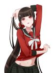  1girl arm_up bangs black_sailor_collar black_skirt blunt_bangs brown_hair dangan_ronpa eyebrows_visible_through_hair groin hair_ornament hair_scrunchie harukawa_maki highres long_hair long_sleeves looking_at_viewer midriff navel neck_ribbon new_dangan_ronpa_v3 piatin plaid plaid_skirt pleated_skirt red_eyes red_scrunchie red_shirt ribbon sailor_collar scrunchie shirt simple_background skirt solo standing stomach twintails very_long_hair white_background white_ribbon 