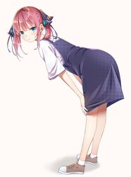  1girl :t absurdres alternate_hairstyle bare_legs bent_over black_skirt blue_eyes brown_footwear butterfly_hair_ornament closed_mouth from_side full_body go-toubun_no_hanayome hair_ornament hands_on_own_knees highres kongbai long_hair looking_at_viewer looking_to_the_side nakano_nino pink_hair pout shadow shirt shoes short_sleeves sidelocks simple_background skirt socks solo standing twintails white_background white_legwear white_shirt 