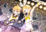  1boy 1girl anniversary arami_o_8 arm_up armpits bare_shoulders blonde_hair blush bow cable commentary confetti detached_sleeves fortissimo green_eyes guitar hair_bow hair_ornament hairclip headphones headset heart highres holding holding_microphone instrument kagamine_len kagamine_rin looking_at_viewer microphone music neck_ribbon necktie one_eye_closed playing_instrument ponytail projected_inset ribbon see-through see-through_sleeves shirt short_hair shorts smile spotlight treble_clef v vocaloid white_bow white_shirt yellow_neckwear 