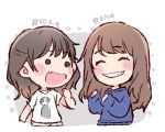  2girls :d ^_^ akb48 black_eyes black_hair blue_shirt blush_stickers brown_hair character_name chibi clenched_hand closed_eyes closed_eyes commentary_request fang grin hand_up hands_up katou_rena long_hair long_sleeves looking_at_another mole mole_under_mouth multiple_girls ooshima_ryouka open_mouth print_shirt real_life shirt short_sleeves smile t-shirt taneda_yuuta upper_body v-shaped_eyebrows white_shirt 