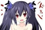  1girl black_hair blush crossed_arms eyebrows_visible_through_hair iwasi-r neptune_(series) noire nude open_mouth red_eyes simple_background solo twintails upper_body white_background 