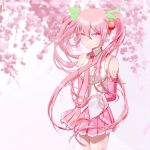  1girl breasts cherry_blossoms commentary_request detached_sleeves hair_between_eyes hair_ornament hatsune_miku long_hair looking_at_viewer medium_breasts necktie pink_eyes pink_hair pink_neckwear pleated_skirt ribbon sakura_miku shirt skirt smile solo standing thigh-highs twintails very_long_hair vocaloid white_shirt wuyinmingyue yellow_ribbon 