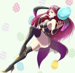  1girl animal_ears arm_warmers armpits black_legwear braid breasts bunny_tail bunnysuit cleavage ear_piercing easter_egg egg fire_emblem fire_emblem_heroes full_body gold_footwear gzo1206 hand_to_own_mouth high_heels loki_(fire_emblem_heroes) long_hair looking_at_viewer medium_breasts nintendo open_mouth patterned_background piercing purple_hair purple_headwear rabbit_ears see-through solo tail thigh-highs thighs violet_eyes 