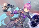  1girl aguy alternate_costume alternate_hairstyle anchor_symbol apex_legends bangs banner belt belt_buckle blue_hair blush bodysuit braid breasts buckle commentary_request cosplay cowboy_shot electricity eyebrows_visible_through_hair gloves grey_bodysuit gun hair_between_eyes hair_bun handgun holding holding_gun holding_weapon looking_at_viewer minato_aqua multicolored_hair open_mouth pants pink_hair portal_(object) ribbon scarf short_hair sidelocks small_breasts solo standing two-tone_hair utility_belt violet_eyes virtual_youtuber weapon wraith_(apex_legends) wraith_(apex_legends)_(cosplay) 