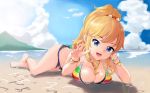  1girl absurdres bare_legs barefoot bikini blonde_hair blue_eyes blue_shorts blurry blurry_background breasts clouds cloudy_sky commentary_request eyebrows_visible_through_hair flower hair_flower hair_ornament highres hpb8642 idolmaster idolmaster_cinderella_girls idolmaster_cinderella_girls_starlight_stage jewelry large_breasts long_hair looking_at_viewer lying mountain nail_polish necklace on_stomach ootsuki_yui open_fly outdoors ponytail short_shorts shorts side-tie_bikini sky smile solo swimsuit toenail_polish water wavy_hair wristband 